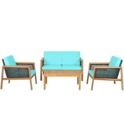 Tangkula 8PCS Patio Acacia Wood Furniture Set PE Rattan Conversation Set W/ Turquoise Cushions 15 Tangkula 8PCS Patio Acacia Wood Furniture Set PE Rattan Conversation Set W/ Turquoise Cushions -Tangkula GUEST 7fd53f93 25c1 4c16 9045 acef66225ab9