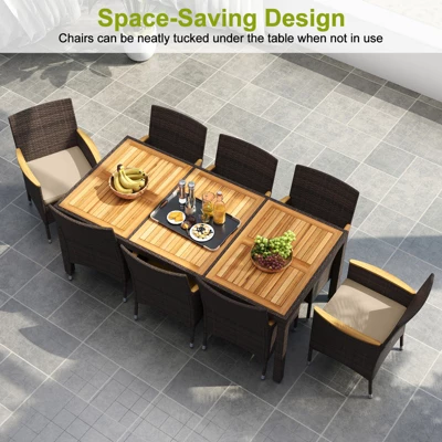Tangkula 9 Pieces Patio Dining Set For 8 Outdoor Rectangular Acacia Wood Table And PE Rattan Chairs With Umbrella Hole 5 Tangkula 9 Pieces Patio Dining Set For 8 Outdoor Rectangular Acacia Wood Table And PE Rattan Chairs With Umbrella Hole - Image 5