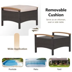 Tangkula Outdoor PE Wicker Ottoman Set Of 2 Patio Rattan Footrest Seat With Soft Cushions & Curved Acacia Wood Handles Beige/Navy Blue/Red/Off White -Tangkula GUEST 80a76521 db29 4dd7 acb2 f429ece28b66