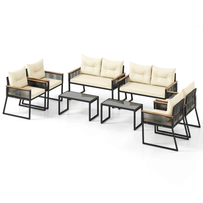Tangkula Set Of 8 Patio Wicker Furniture Set Heavy Duty Outdoor Cushioned Conversation Set With Tempered Glass Coffee Table Off White 5 Tangkula Set Of 8 Patio Wicker Furniture Set Heavy Duty Outdoor Cushioned Conversation Set With Tempered Glass Coffee Table Off White - Image 5