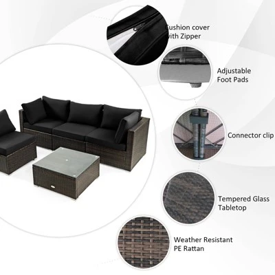 Tangkula Patio Rattan 6PCS Cushioned Sofa Set Furniture Set Thick Cushion With 34.5" Fire Pit Table For Garden Black/Blue/Red/Turquoise/Off White 7 Tangkula Patio Rattan 6PCS Cushioned Sofa Set Furniture Set Thick Cushion With 34.5" Fire Pit Table For Garden Black/Blue/Red/Turquoise/Off White - Image 7