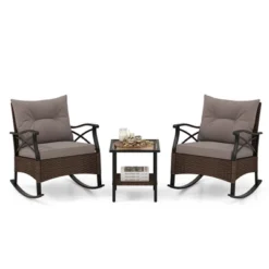 Tangkula 3 Pieces Outdoor Rocking Chairs Set Rattan Heavy Duty Cushioned Rocker Chairs With 2-Tier Tempered Glass Coffee Table -Tangkula GUEST 81a621b0 b1dc 4821 a24b 34ee74a40c16