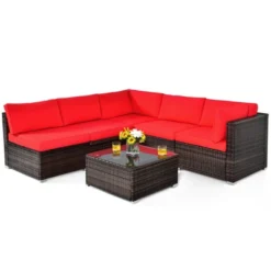 Tangkula 6PCS Wicker Patio Sectional Conversation Furniture Set With Coffee Table & Seat Cushions Navy/Black/Turquoise/Red -Tangkula GUEST 81e37799 8382 47fe 9941 ec54db4fb57a
