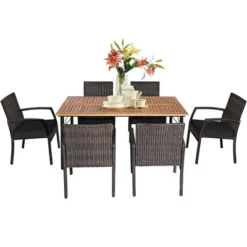 Tangkula 7PCS Patio Dining Furniture Set Yard W/ Wooden Tabletop Black Cushions -Tangkula GUEST 81f1d37a eba3 411e 965c 38e7300e52a4