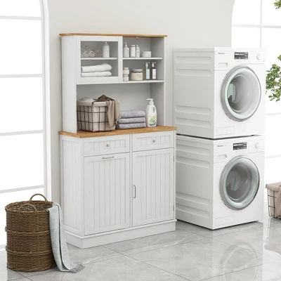 Tangkula Double Tilt Out Trash Cabinet W/ Hutch Kitchen Pantry Storage Cabinet White 3 Tangkula Double Tilt Out Trash Cabinet W/ Hutch Kitchen Pantry Storage Cabinet White - Image 3