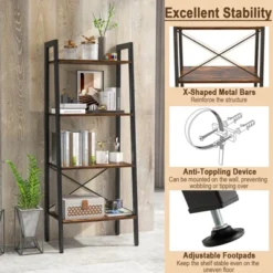 Tangkula 4-Tier Ladder Bookshelf Industrial Wooden Bookcase With Metal Frame Anti-Toppling Device Rack Rustic Brown/Gray Oak 15 Tangkula 4-Tier Ladder Bookshelf Industrial Wooden Bookcase With Metal Frame Anti-Toppling Device Rack Rustic Brown/Gray Oak -Tangkula GUEST 82984a85 fbc9 4a2c af7c 152bb274eee3