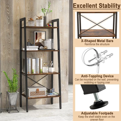 Tangkula 4-Tier Ladder Bookshelf Industrial Wooden Bookcase With Metal Frame Anti-Toppling Device Rack Rustic Brown/Gray Oak 6 Tangkula 4-Tier Ladder Bookshelf Industrial Wooden Bookcase With Metal Frame Anti-Toppling Device Rack Rustic Brown/Gray Oak - Image 6