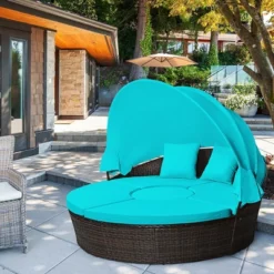 Tangkula Cushioned Patio Rattan Round Daybed W/ Adjustable Table 3 Pillows Turquoise -Tangkula GUEST 83967673 0678 4d93 94c2 8d431ca867f4