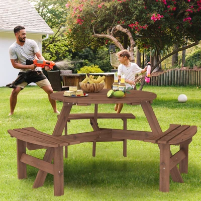 Tangkula 6-Person Round Picnic Table Set W/ 3 Built-in Benches 2" Umbrella Hole 3 Tangkula 6-Person Round Picnic Table Set W/ 3 Built-in Benches 2" Umbrella Hole - Image 3