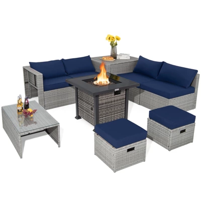 Tangkula 9 Pieces Outdoor Patio Furniture Set W/ 32" Propane Fire Pit Table Sectional Sofa Set W/ Storage Box Black/Gray/Navy/Red/Turquoise/Off White 11 Tangkula 9 Pieces Outdoor Patio Furniture Set W/ 32" Propane Fire Pit Table Sectional Sofa Set W/ Storage Box Black/Gray/Navy/Red/Turquoise/Off White - Image 11