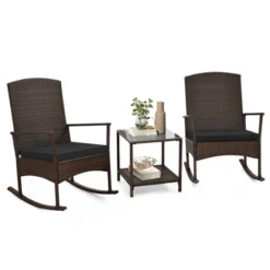 Tangkula 3 PCS Rocking Set Wicker Rocking Chairs W/ 2-Tier Coffee Table Patio Black -Tangkula GUEST 841d2c29 5739 47d6 9644 0381c84c5d25
