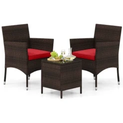 Tangkula 3 PCS Outdoor Conversation Set W/ Cushioned Seat & Tempered Glass Tabletop -Tangkula GUEST 8450a40c 655c 4eba ad3b aad8bbb0377a