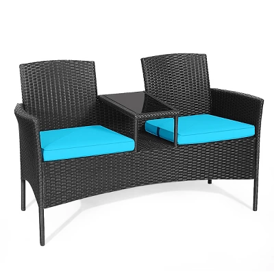 Tangkula Outdoor Rattan Furniture Wicker Patio Conversation Chair W/Cushions Turquoise 7 Tangkula Outdoor Rattan Furniture Wicker Patio Conversation Chair W/Cushions Turquoise - Image 7