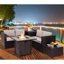 Tangkula 5-Piece Patio Furniture Set With 30 Inches Gas Fire Pit Table Outdoor PE Wicker Sectional Sofa Set With Cushions Red/Beige/Navy/Turquoise 14 Tangkula 5-Piece Patio Furniture Set With 30 Inches Gas Fire Pit Table Outdoor PE Wicker Sectional Sofa Set With Cushions Red/Beige/Navy/Turquoise -Tangkula GUEST 856270f9 0e78 471f a846 32eceb7c9724