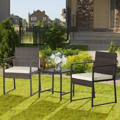 Tangkula 3PCS Patio Rattan Hand-Woven PE Wicker Bistro Set Outdoor Furniture Set W/ Table & Cushion 2 Tangkula 3PCS Patio Rattan Hand-Woven PE Wicker Bistro Set Outdoor Furniture Set W/ Table & Cushion - Image 2