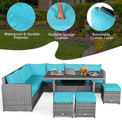 Tangkula 7PCS Rattan Patio Sectional Sofa Set Conversation Set W/ Turquoise Cushions 5 Tangkula 7PCS Rattan Patio Sectional Sofa Set Conversation Set W/ Turquoise Cushions - Image 5