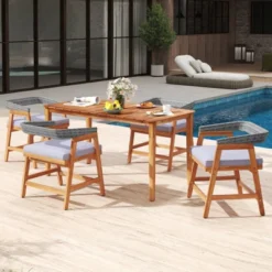 Tangkula 5PCS Patio Dining Set Solid Wood Furniture W/ Rattan Backrest & Seat Cushions