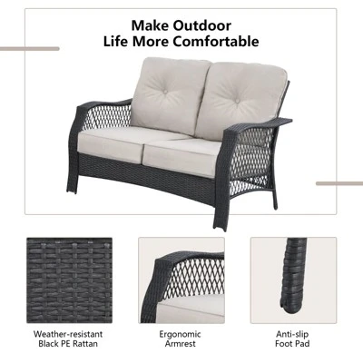 Tangkula 4PCS Patio Rattan Furniture Set Outdoor Conversation Set W/Tempered Glass Coffee Table Beige 8 Tangkula 4PCS Patio Rattan Furniture Set Outdoor Conversation Set W/Tempered Glass Coffee Table Beige - Image 8