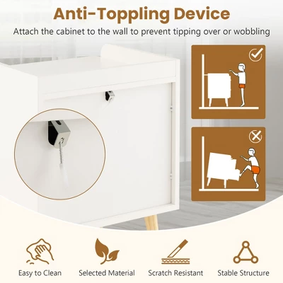 Tangkula Modern Nightstand End Bedside Table W/ 3 Rattan Drawers & Solid Wood Legs White 5 Tangkula Modern Nightstand End Bedside Table W/ 3 Rattan Drawers & Solid Wood Legs White - Image 5