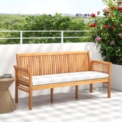 Tangkula 3 Person Outdoor Bench, 62.5" Acacia Wood Patio Sofa With Curved Armrests And Removable Seat Cushion -Tangkula GUEST 87347c33 bfe3 48cd bb6a dd984758d24b