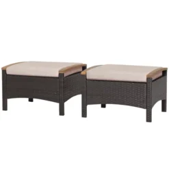 Tangkula Outdoor PE Wicker Ottoman Set Of 2 Patio Rattan Footrest Seat With Soft Cushions & Curved Acacia Wood Handles Beige/Navy Blue/Red/Off White -Tangkula GUEST 8758522b 8e33 4e30 8147 467b3868a593