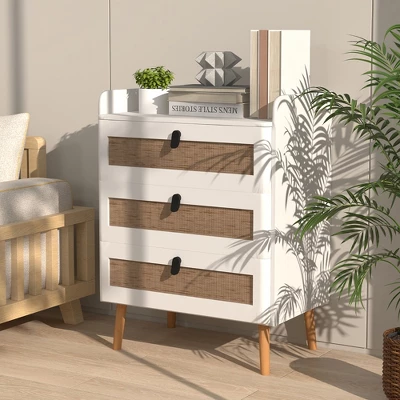 Tangkula Modern Nightstand End Bedside Table W/ 3 Rattan Drawers & Solid Wood Legs White 1 Tangkula Modern Nightstand End Bedside Table W/ 3 Rattan Drawers & Solid Wood Legs White