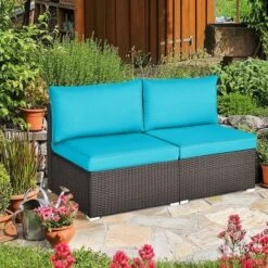 Tangkula 2PCS Patio Wicker Rattan Sectional Armless Chair Sofa W/ Turquoise Cushion -Tangkula GUEST 879d6401 667b 4f1f 9e0b 91fe66c03980