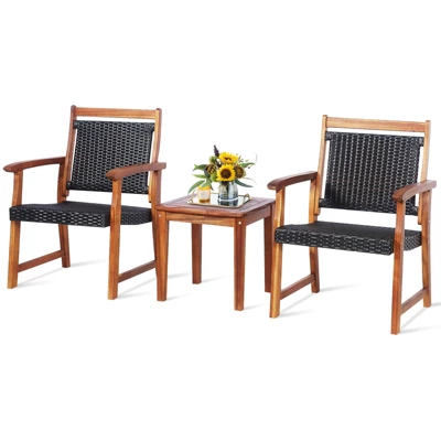 Tangkula 3 PCS Patio Rattan Bistro Set Outdoor Acacia Wood Table & Chairs Set 6 Tangkula 3 PCS Patio Rattan Bistro Set Outdoor Acacia Wood Table & Chairs Set - Image 6