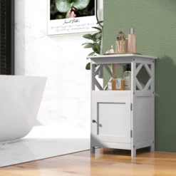 Tangkula Bathroom Floor Cabinet Single Door Storage Cabinet With Open Compartment Anti-Toppling Device Grey/White -Tangkula GUEST 87eb2afd 0f49 4074 b3ba f3e6b47a91fb