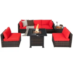 Tangkula Patio Rattan 7PCS Cushioned Chair Set Furniture Set Thick Cushion W/ 50,000 BTU Propane Fire Pit Table For Garden Black/Navy/Red/Turquoise/Off White -Tangkula GUEST 8809d78c 8351 4185 bded 950e58476cd3