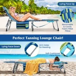Tangkula 2 PCS Folding Chaise Lounge Chair Sunbathing Recliner W/ Removable Pillow Navy Blue -Tangkula GUEST 8891b9a6 e406 41d7 a38c 8b28b9004955