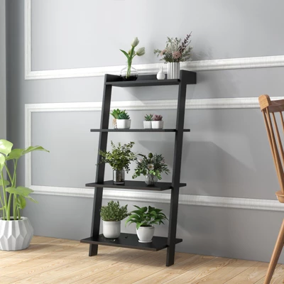 Tangkula 4-Tier Ladder Shelf 43” Tall Wooden Leaning Bookshelf Display Rack Modern Shelving Stand With Anti-tipping Device Black 2 Tangkula 4-Tier Ladder Shelf 43” Tall Wooden Leaning Bookshelf Display Rack Modern Shelving Stand With Anti-tipping Device Black - Image 2