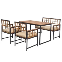 Tangkula 4 Pieces Acacia Wood Patio Dining Set W/ 1 Rectangular Table & 1 Loveseat & 2 Armchairs