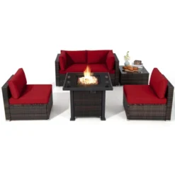 Tangkula 6 Piece Patio Wicker Conversation Set, Outdoor Rattan Sofa Set W/ 32" Propane Fire Pit Table, 50,000 BTU Heat, Tempered Glass Tabletop Black/Navy Blue/Red/Turquoise/Off White -Tangkula GUEST 899f0cd1 e20e 4dee ba72 14b174e33fee