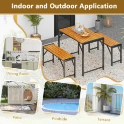 Tangkula 3 PCS Dining Set For 4 People Outdoor Picnic Table & 2 Benches W/ Metal Frame -Tangkula GUEST 89a73540 71b7 499b 89e7 43a36284ba15