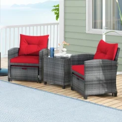 Tangkula 5-Piece Outdoor PE Rattan Conversation Set Wicker Patio Furniture Set With Cushion Ottoman & Coffee Table Red