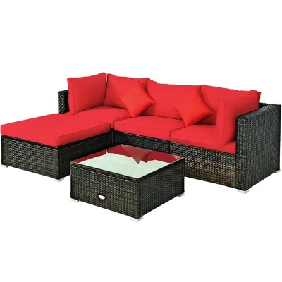 Tangkula 5PCS Rattan Sectional Sofa Set Patio Furniture Set W/ Red Cushion Pillow 9 Tangkula 5PCS Rattan Sectional Sofa Set Patio Furniture Set W/ Red Cushion Pillow - Image 9