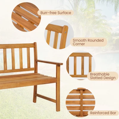 Tangkula 2-Person Outdoor Bench Patio Wooden Bench With Ergonomic Backrest & Armrests All-weather Acacia Wood Frame 48"x 22" 5 Tangkula 2-Person Outdoor Bench Patio Wooden Bench With Ergonomic Backrest & Armrests All-weather Acacia Wood Frame 48"x 22" - Image 5