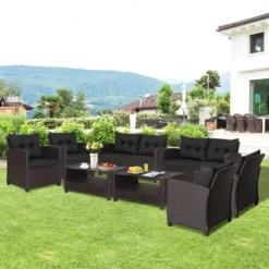 Tangkula 8PCS Outdoor Conversation Set Patio PE Rattan Set W/ Glass Table & Sofa Cushions