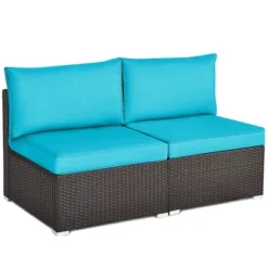 Tangkula 2PCS Patio Wicker Rattan Sectional Armless Chair Sofa W/ Turquoise Cushion -Tangkula GUEST 8c7ed995 b7f1 4f85 b80e d7cbe93f8679
