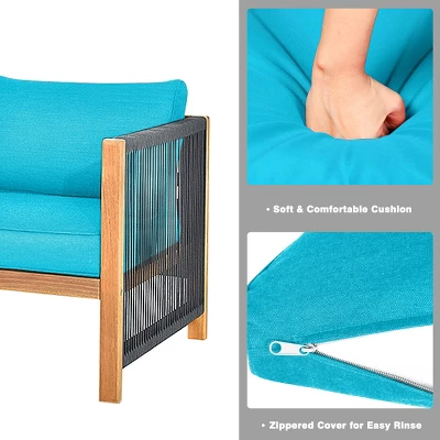 Tangkula 4-Piece Outdoor Patio Wood Conversation Furniture Set Padded Chair With Coffee Table Turquoise 3 Tangkula 4-Piece Outdoor Patio Wood Conversation Furniture Set Padded Chair With Coffee Table Turquoise - Image 3
