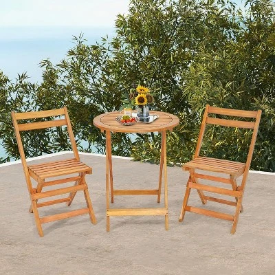 Tangkula 3PCS Folding Bistro Set Solid Acacia Wood Table & Chairs Slatted Tabletop Patio 1 Tangkula 3PCS Folding Bistro Set Solid Acacia Wood Table & Chairs Slatted Tabletop Patio