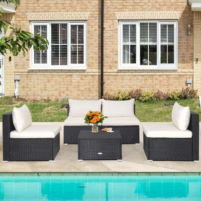Tangkula 5PCS Patio Outdoor Rattan Sofa Conversation Set W/ Seat & Back Cushions Off White 2 Tangkula 5PCS Patio Outdoor Rattan Sofa Conversation Set W/ Seat & Back Cushions Off White - Image 2
