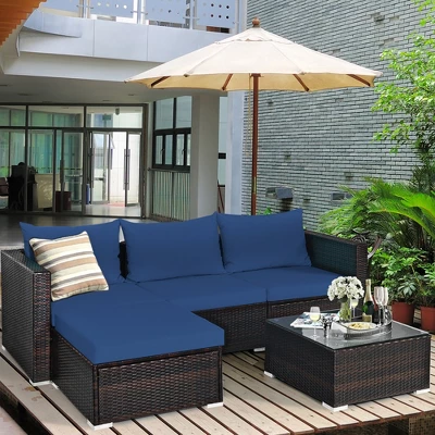 Tangkula 5PCS Cushioned Rattan Patio Conversation Set W/ Ottoman Navy Cushion 1 Tangkula 5PCS Cushioned Rattan Patio Conversation Set W/ Ottoman Navy Cushion