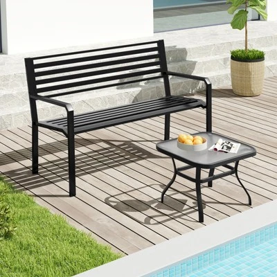 Tangkula 50" Outdoor Metal Park Bench For 2-3 People W/ Armrests & Backrest For Backyard 3 Tangkula 50" Outdoor Metal Park Bench For 2-3 People W/ Armrests & Backrest For Backyard - Image 3