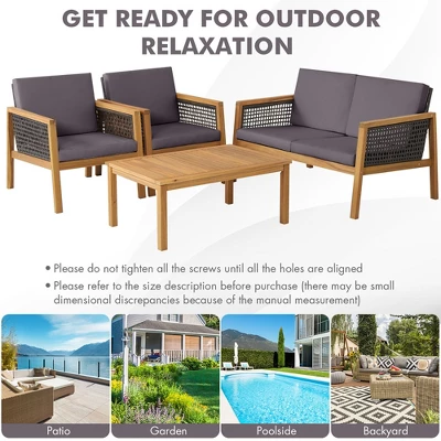 Tangkula 4PCS Patio Acacia Wood Furniture Set PE Rattan Conversation Set W/ Grey Cushions 4 Tangkula 4PCS Patio Acacia Wood Furniture Set PE Rattan Conversation Set W/ Grey Cushions - Image 4