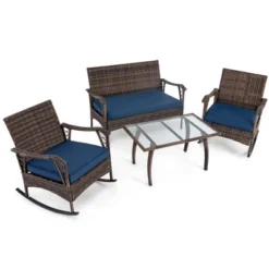 Tangkula Set Of 4 Wicker Rocking Set 2 Patio Rattan Rocker Chairs W/Loveseat & Coffee Table Heavy-Duty Metal Frame & Bungee Rope Seat Navy -Tangkula GUEST 8fad3d6d d359 4e5b a647 97792a7fa61d