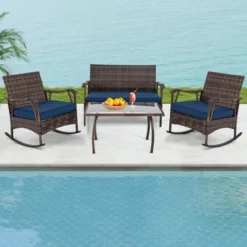 Tangkula Set Of 4 Wicker Rocking Set 2 Patio Rattan Rocker Chairs W/Loveseat & Coffee Table Heavy-Duty Metal Frame & Bungee Rope Seat Navy
