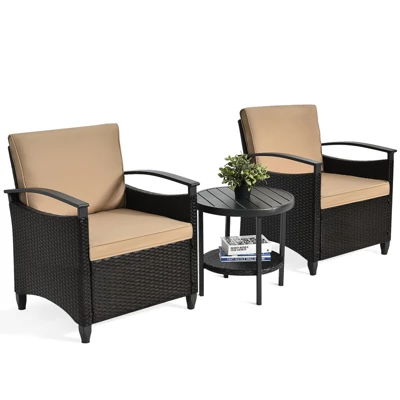 Tangkula 3-Piece Rattan Sofa Chair Patio Conversation Set With Coffee Table & Cushions 4 Tangkula 3-Piece Rattan Sofa Chair Patio Conversation Set With Coffee Table & Cushions - Image 4