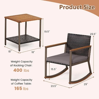 Tangkula 3PCS Rattan Rocking Chair Bistro Set Armrest Cushion Table W/ Storage Shelf Patio 6 Tangkula 3PCS Rattan Rocking Chair Bistro Set Armrest Cushion Table W/ Storage Shelf Patio - Image 6
